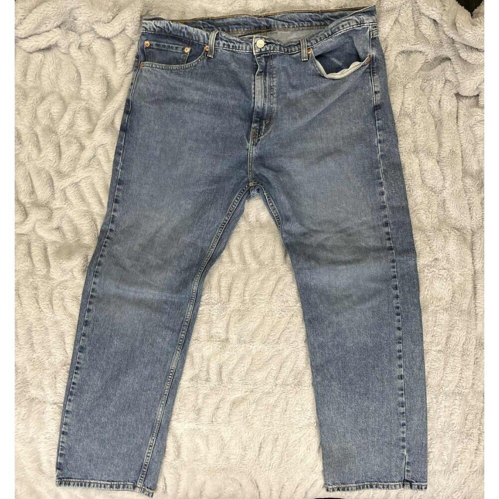 Levis 505 Mens Size 40x26.5 Medium Wash Distressed Stain Straight Jeans Grunge